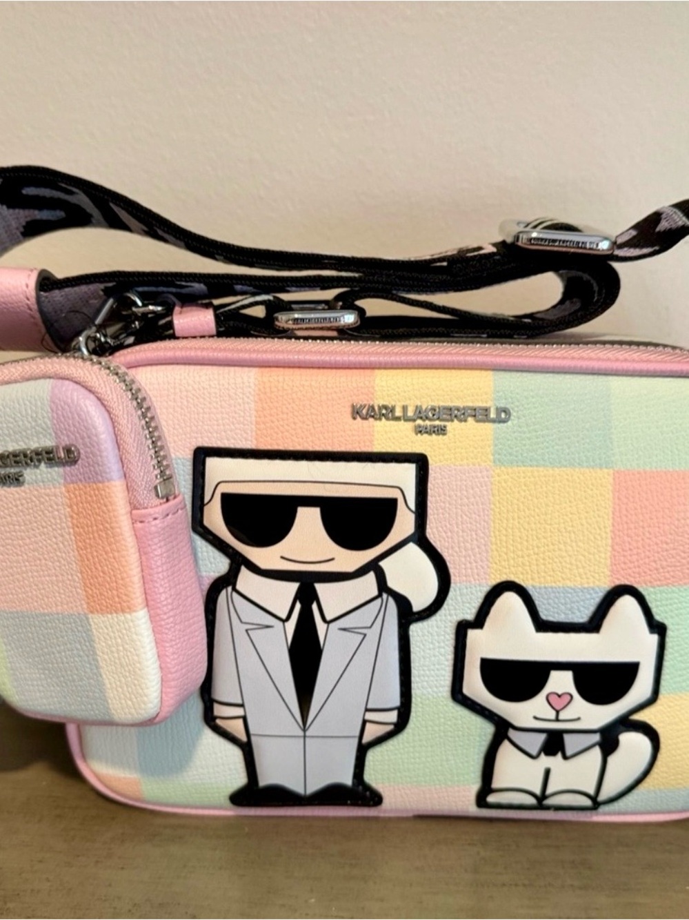 Karl Lagerfeld Pastel Check Camera Bag with Character Appliquรฉs - Pink Multi